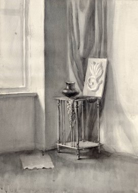 Hand drawn illustration with a stucco plaster molded panel, ceramic vase on a vintage bookcase and drapery folds in the corner of a large study room. Monochrome Vintage watercolor drawing clipart