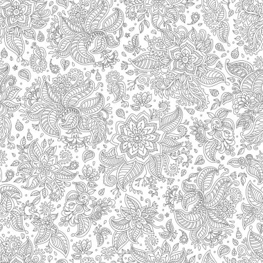 Çiçeksiz vektör deseni. Paisley elementleri, fantezi çiçekleri, beyaz arka planda yapraklar. Boyama kitabı sayfası