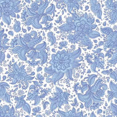 Çiçeksiz vektör deseni. Mavi Paisley elementleri, fantezi çiçeği, beyaz arka planda yapraklar. Klasik tekstil baskısı. Batik resim