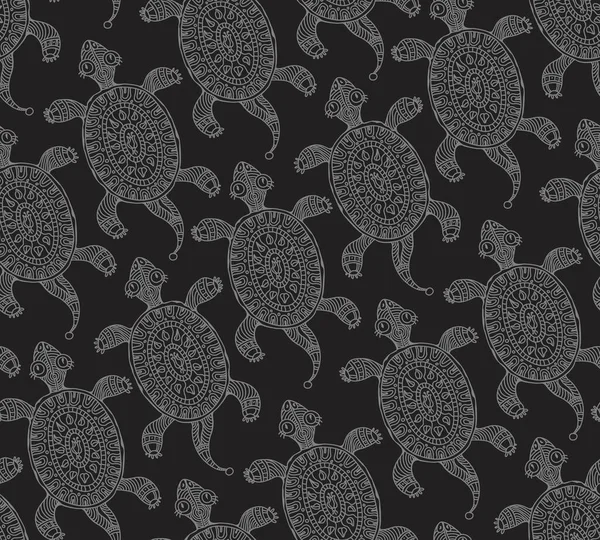 Seamless pattern from grey turtle silhouette with decorative ethnic ornaments on a black background