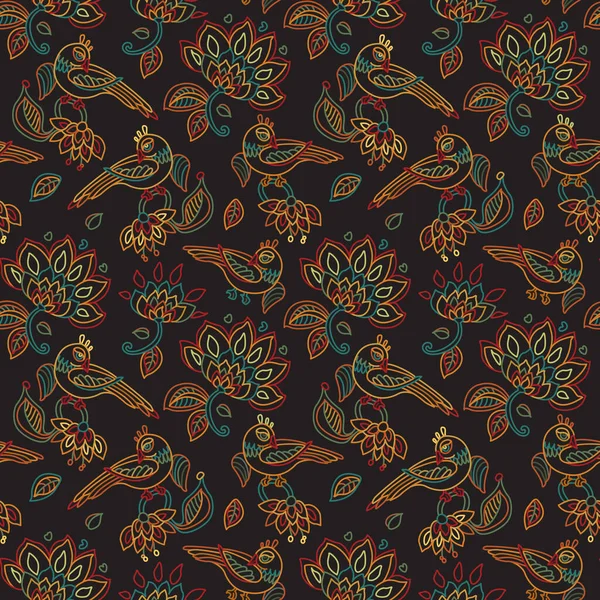 Vector seamless pattern. Exotic birds, colorful contour thin line fantasy flowers with folk ornaments on a black background. Embroidery, wallpaper, textile print, wrapping paper
