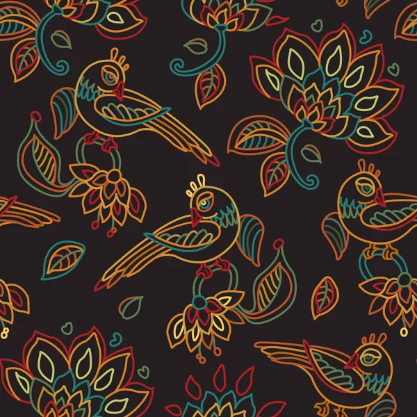 Vector seamless pattern. Exotic birds, colorful contour thin line fantasy flowers with folk ornaments on a black background. Embroidery, wallpaper, textile print, wrapping paper