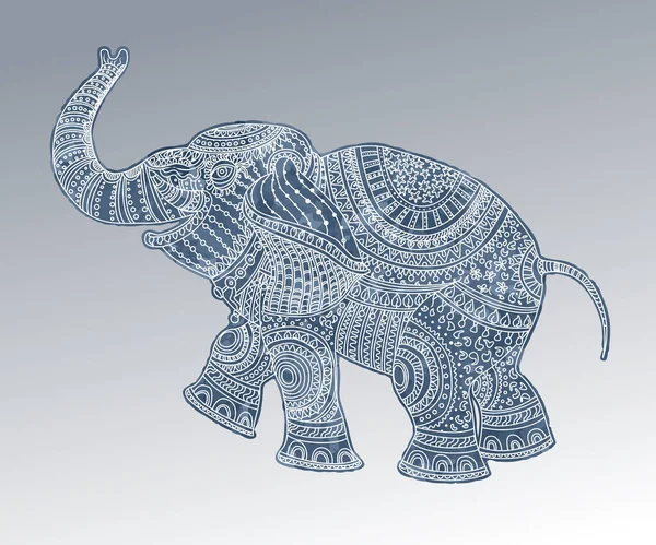 Ilustración Vectorial Silueta Elefante Pintado Acuarela Azul Con Adornos Tribales — Vector de stock