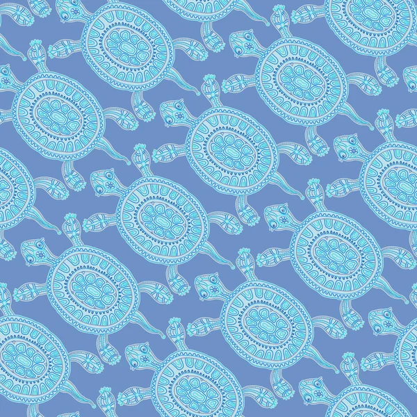 Seamless pattern from ornate turtles with turquoise doodle ethnic patterns on a blue background