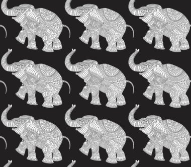 Beyaz fil siluetinin, siyah arka planda gri etnik kabile süslemesi olan kusursuz deseni. 