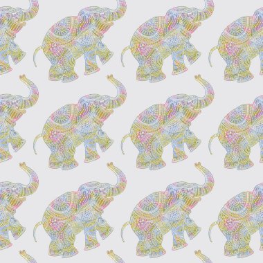 Pembe, sarı, mavi suluboya fil silueti ve gri arkaplanda beyaz etnik kabile süsleri var. 