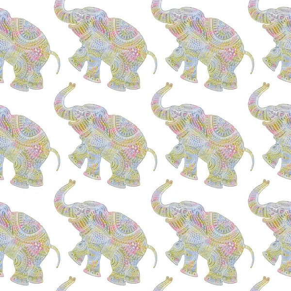 Vector Seamless Pattern Pink Yellow Blue Watercolor Painted Elephant Silhouette — Stock Vector