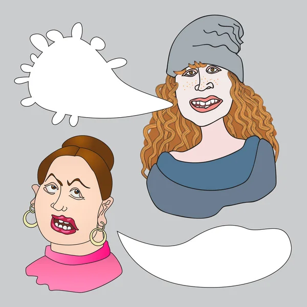 Vector sketchy cartoon people with speech bubbles. Angry woman and young red hair girl