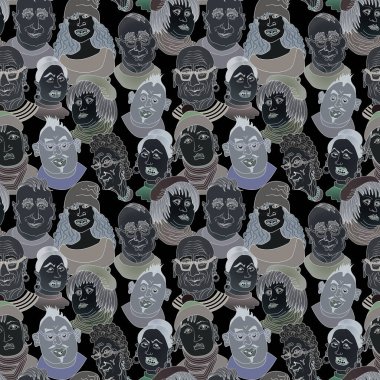 Elle çizilmiş karikatür çizen mizah anlayışı olmayan insanlar pop sanat tarzında yüzler çiziyor.