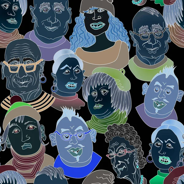 Humorystyczny Bezszwowy Wzór Ręcznie Rysowane Kreskówki Ludzie Twarze Stylu Pop — Zdjęcie stockowe