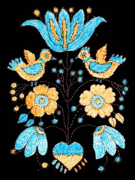 Decorative embroidered towel drawn with colored felt-tip pens. Tree of life growing from the heart, fairy tale flowers, leaves, birds isolated on a black background