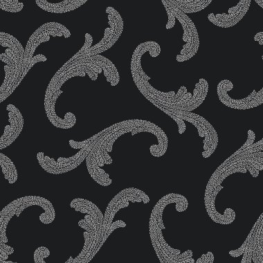 Siyah bir arka planda gümüş işlemeli çiçek buklelerinin vektörsüz deseni