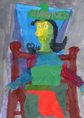 El çizimi guaj resmi. Siyah saçlı ve yeşil şapkalı bir kadının portresi.