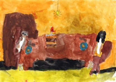 Elle çizilmiş suluboya ve Gouache resmi. Ampulün yanında kız ve büyükanne yemeği, büyük ahşap bir masada doğum günü mumu ve pasta.