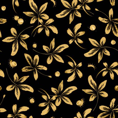 Elle çizilmiş altın kestane ağacı yaprakları ve dikenli fındıklar siyah arka planda.