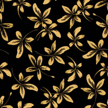 Elle çizilmiş altın kestane ağacı yapraklarının siyah arka planda çiçek deseni var.