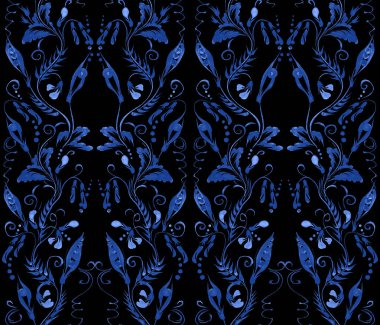 Çiçeksel suluboya damasyon deseni, siyah arka planda mavi renkli çalı çırpı, çiçek ve bezelye kabukları çizilmiş.