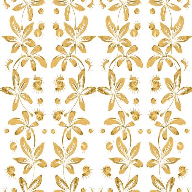 Çiçeksel suluboya damasyon deseni, el yapımı altın kestane ağacı yaprakları ve beyaz arka planda altın fındıklar çizilmiş.