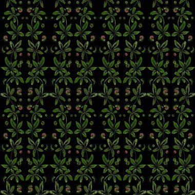 Çiçekli, suluboya, siyah arka planda el yapımı kestane ağacı yaprakları ve fındık desenleri.