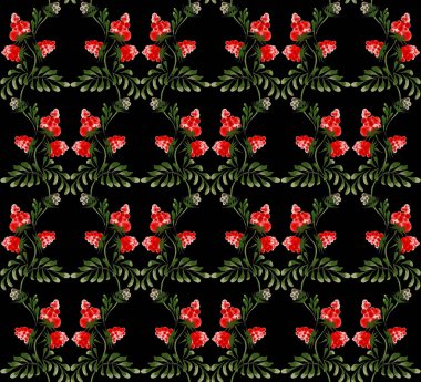 Elle çizilmiş ahududu meyveleri, dallar ve siyah bir arkaplanda yapraklardan oluşan çiçek rengi damaske deseni.