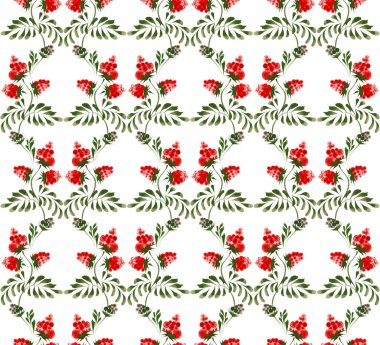 Çiçeksel suluboya kumaş desenli el yapımı ahududu meyveleri, dallar ve yapraklar beyaz arka planda.