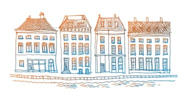 El çizimi, peri masalı çizimi Hollanda evleri sokak panoraması beyaz arka planda, boyama kitabı sayfasında
