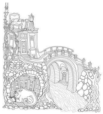 Eski ortaçağ mağarasında peri masalı ejderha ailesi için güvenli bir sığınak kütüphane mobilyası. Yetişkinlerin boyama kitabı sayfası