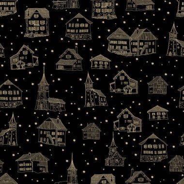 Noel ve Yeni Yıl pürüzsüz geçiyor. Masalsı altın çizgili evler, altın yıldızlar ve siyah bir arka planda kar taneleri.