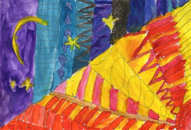 Gece gökyüzü yıldızlar, ay ve yükselen güneşin altın ışınları. Süslü el boyalı grunge dokusu.