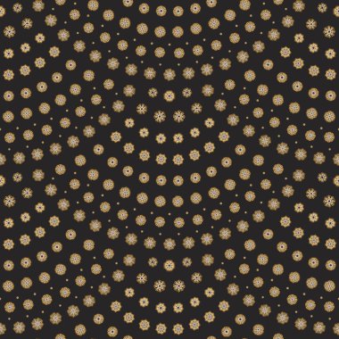 Siyah arka planda küçük altın kar taneleri. Noel ve Yeni Yıl duvar kâğıdı. Geometrik balık ölçekli kusursuz dalgalı desenli vektör