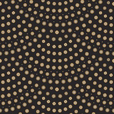 Siyah arka planda küçük altın kar taneleri. Noel ve Yeni Yıl duvar kâğıdı. Geometrik balık ölçekli kusursuz dalgalı desenli vektör