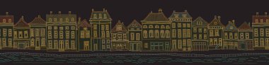 Kusursuz sınır deseni, peri masalı Hollanda sokak evleri manzarası. Siyah bir arkaplan üzerine mimari renkli karalama.