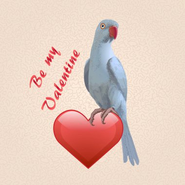 Kırık bej arka planda kırmızı kalbi olan mavi yüzüklü papağan kuşu. Sevgililer Günü kartı