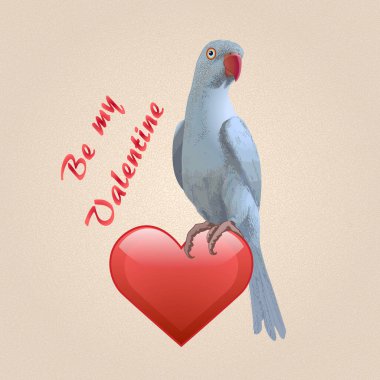 Kırık bej arka planda kırmızı kalbi olan mavi yüzüklü papağan kuşu. Sevgililer Günü kartı