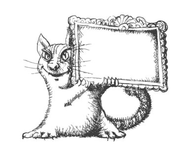 Elle çizilmiş karalama stili ile karikatür kedi mesajı ile çerçeve tutuyor