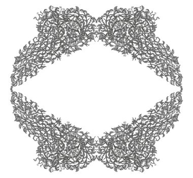 Beyaz arka planda gümüş rengi eski bir dalla Barok tarzında eski el çizimi bir çiçek çerçevesi çizimi.