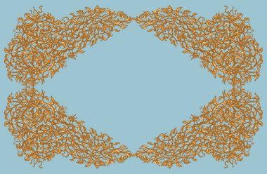 Turkuaz mavi arka planda altın dalları olan Barok tarzı bir çiçek çerçevesi çizimi.