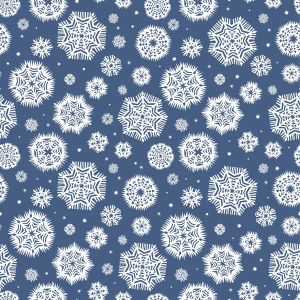 Vector Naadloos Patroon Van Gestileerd Gesneden Papier Sneeuwvlokken Een Donkerblauwe — Stockvector