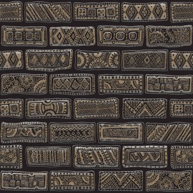 Vektörsüz karalama kalıbı. Siyah arka planda geometrik süslemeli el çizimi altın tuğlalar