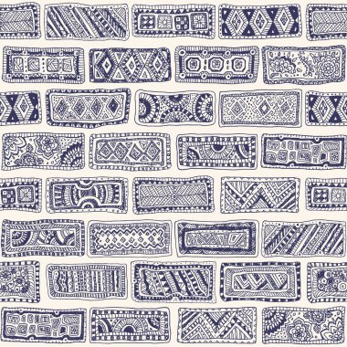 Vektörsüz karalama kalıbı. El çizimi koyu mavi tuğlalar ve bej arka planda geometrik süsler.