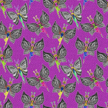 Mor arka planda, küçük siyah karıncalar olan pop sanat tarzında çizgi film kelebeğinden kusursuz bir desen.