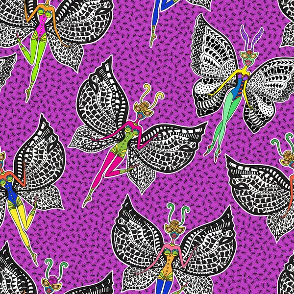 Seamless pattern from cartoon butterfly in pop art style on a purple background with small black ants