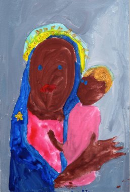 El çizimi Gouache tablosu. Bebek resimli anne.