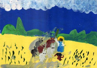 El çizimi Gouache tablosu. Koyu mavi gökyüzü, yağmur bulutları, hasır şapkalı çoban sarı bir tarlaya akın ediyor.