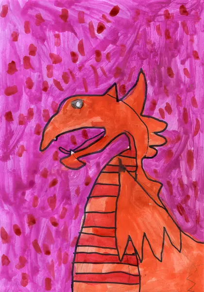Watercolor painted felt-tip pen drawing of fairy tale red Dragon on a purple background with bright brushstrokes