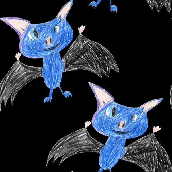 Fairy tale flying bats, hand drawn with colored pencils and pastel crayons isolated on a black background. Seamless pattern