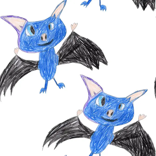 Fairy tale flying bats, hand drawn with colored pencils and pastel crayons isolated on a white background. Seamless pattern