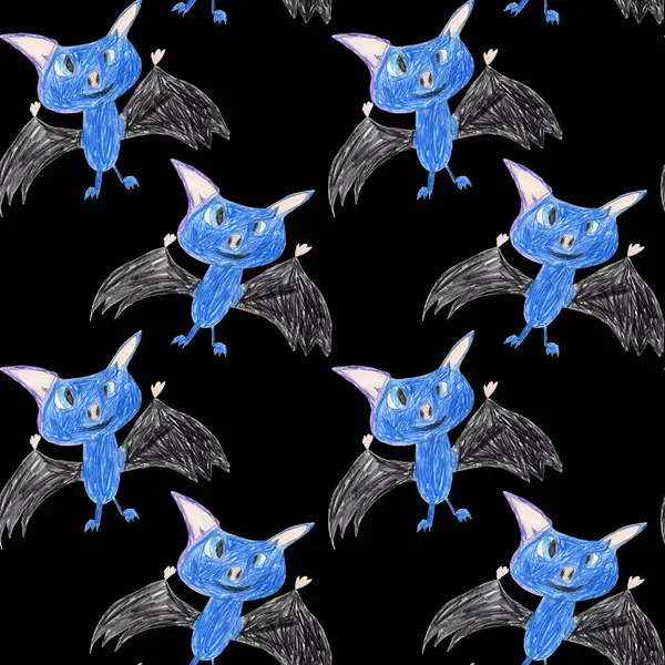 Fairy tale flying bats, hand drawn with colored pencils and pastel crayons isolated on a black background. Seamless pattern