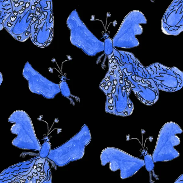 Бесшовный Рисунок Руки Нарисованный Синим Акварелью Войлочными Ручками Цветных Фантазийных — стоковое фото