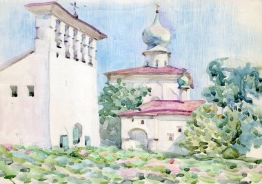 El yapımı suluboya manzara. Rusya 'nın Pskov kentinde geleneksel mimari tarzdaki antik kilise 